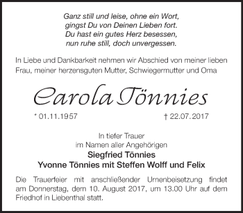 Traueranzeige von Carola Tönnies von Märkische Oderzeitung