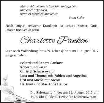 Traueranzeige von Charlotte Pankow von Märkische Oderzeitung