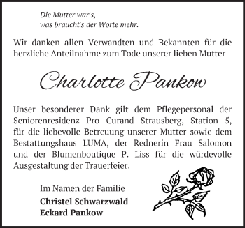 Traueranzeige von Charlotte Pankow von Märkische Oderzeitung