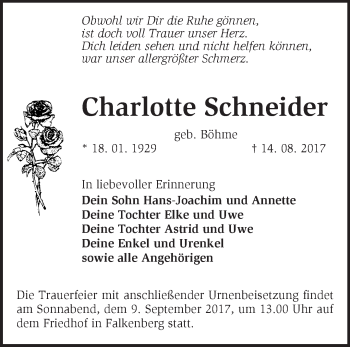 Traueranzeige von Charlotte Schneider von Märkische Oderzeitung