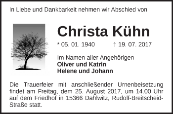 Traueranzeige von Christa Kühn von Märkische Oderzeitung