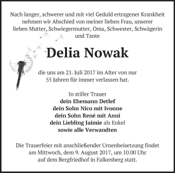 Traueranzeige von Delia Nowak von Märkische Oderzeitung