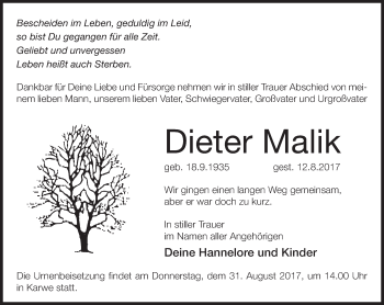 Traueranzeige von Dieter Malik von Märkische Oderzeitung