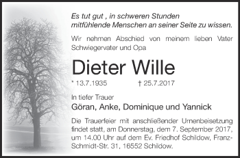 Traueranzeige von Dieter Wille von Märkische Oderzeitung