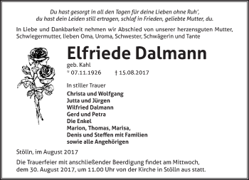 Traueranzeige von Elfriede Dalmann von Märkische Oderzeitung