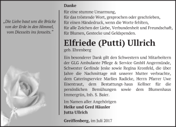 Traueranzeige von Elfriede Ullrich von Märkische Oderzeitung