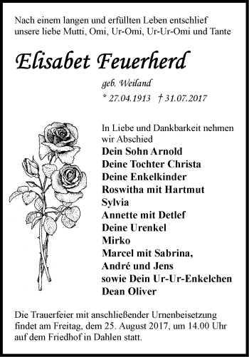 Traueranzeige von Elisabet Feuerherd von Märkische Oderzeitung