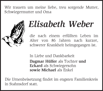 Traueranzeige von Elisabeth Weber von Märkische Oderzeitung