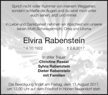 Traueranzeige von Elvira Rabenstein von Märkische Oderzeitung