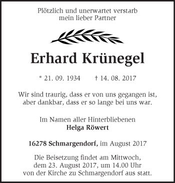 Traueranzeige von Erhard Krünegel von Märkische Oderzeitung