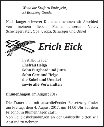 Traueranzeige von Erich Eick von Märkische Oderzeitung