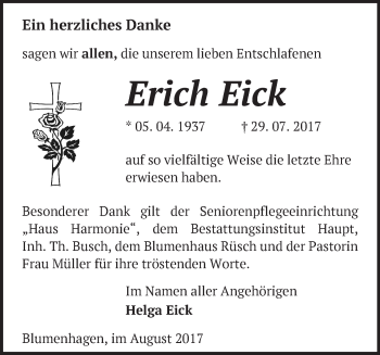 Traueranzeige von Erich Eick von Märkische Oderzeitung