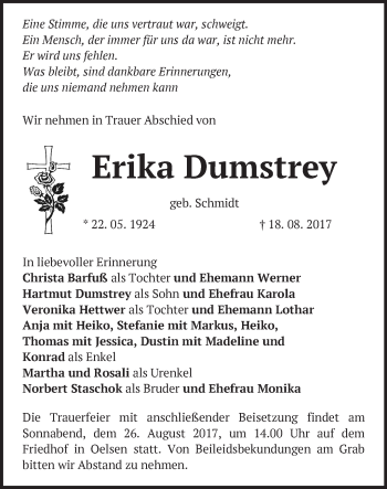 Traueranzeige von Erika Dumstrey von Märkische Oderzeitung