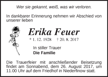 Traueranzeige von Erika Feuer von Märkische Oderzeitung