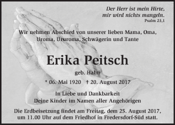 Traueranzeige von Erika Peitsch von Märkische Oderzeitung