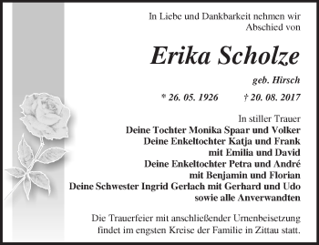 Traueranzeige von Erika Scholze von Märkische Oderzeitung