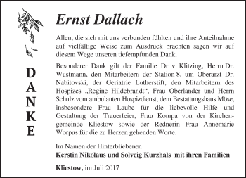 Traueranzeige von Ernst Dallach von Märkische Oderzeitung