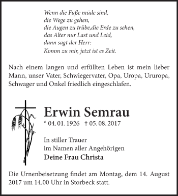 Traueranzeige von Erwin Semrau von Märkische Oderzeitung