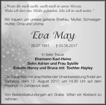 Traueranzeige von Eva May von Märkische Oderzeitung