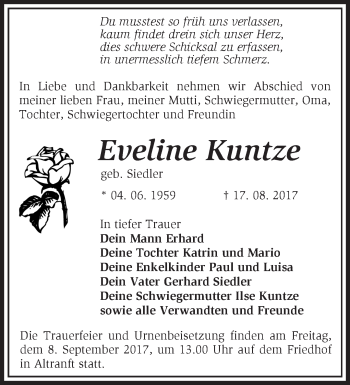 Traueranzeige von Eveline Kuntze von Märkische Oderzeitung