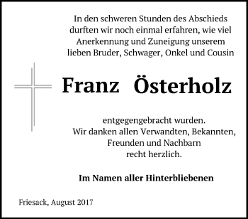 Traueranzeige von Franz Österholz von Märkische Oderzeitung