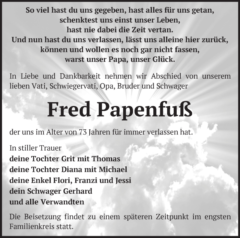  Traueranzeige für Fred Papenfuß vom 13.08.2017 aus Märkische Oderzeitung