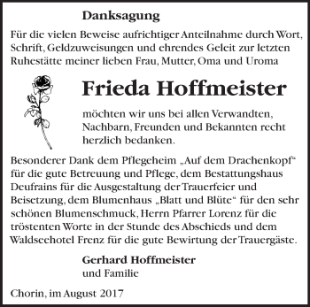 Traueranzeige von Frieda Hoffmeister von Märkische Oderzeitung