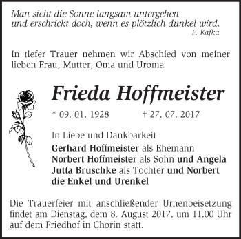 Traueranzeige von Frieda Hoffmeister von Märkische Oderzeitung