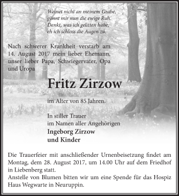 Traueranzeige von Fritz Zirzow von Märkische Oderzeitung