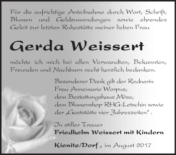 Traueranzeige von Gerda Weissert von Märkische Oderzeitung