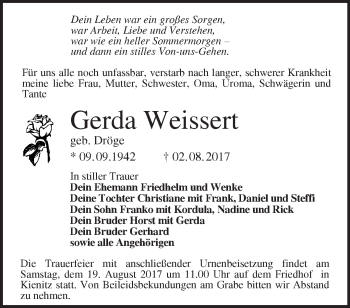 Traueranzeige von Gerda Weissert von Märkische Oderzeitung