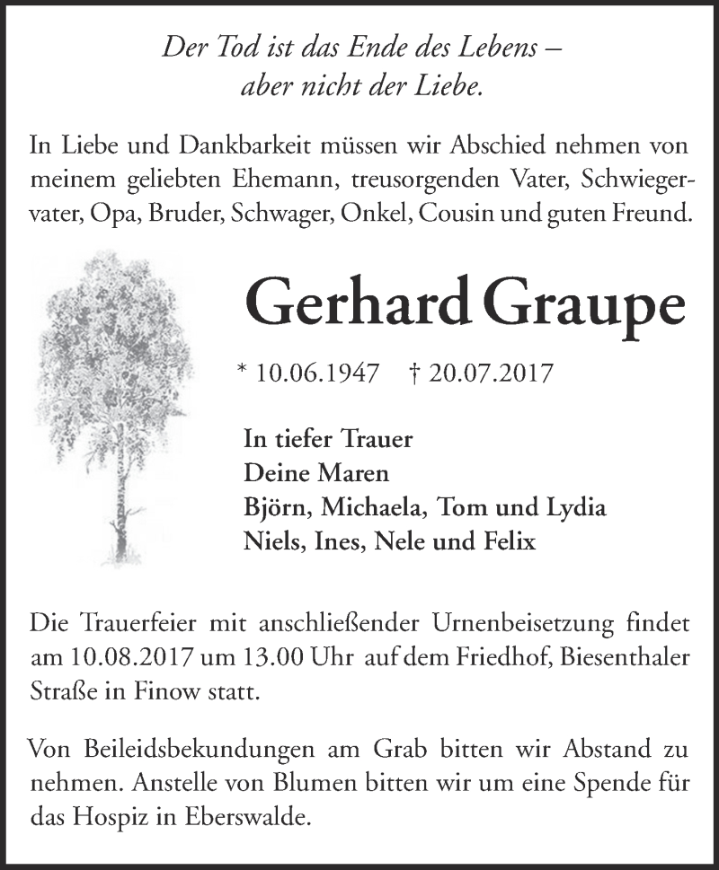  Traueranzeige für Gerhard Graupe vom 05.08.2017 aus Märkische Oderzeitung