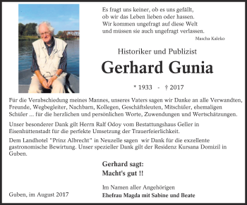 Traueranzeige von Gerhard Gunia von Märkische Oderzeitung