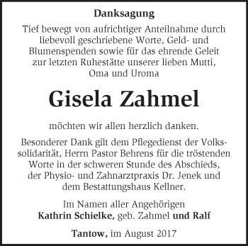 Traueranzeige von Gisela Zahmel von Märkische Oderzeitung