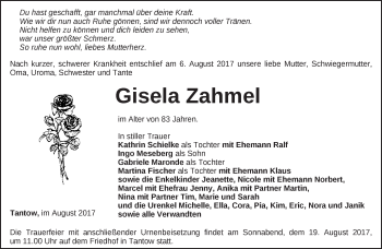 Traueranzeige von Gisela Zahmel von Märkische Oderzeitung