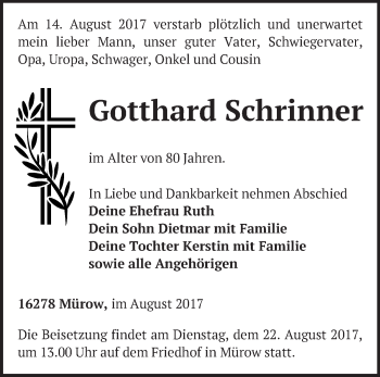 Traueranzeige von Gotthard Schrinner von Märkische Oderzeitung