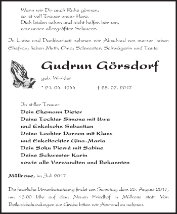 Traueranzeige von Gudrun Görsdorf von Märkische Oderzeitung