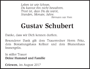 Traueranzeige von Gustav Schubert von Märkische Oderzeitung