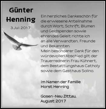 Traueranzeige von Günter Henning von Märkische Oderzeitung