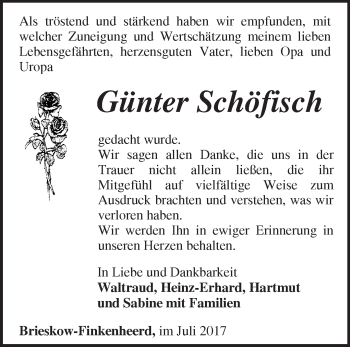 Traueranzeige von Günter Schöfisch von Märkische Oderzeitung