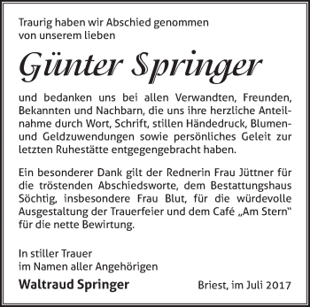 Traueranzeige von Günter Springer von Märkische Oderzeitung