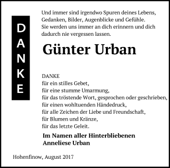 Traueranzeige von Günter Urban von Märkische Oderzeitung