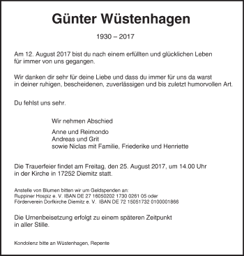 Traueranzeige von Günter Wüstenhagen von Märkische Oderzeitung