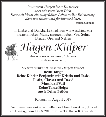 Traueranzeige von Hagen Külper von Märkische Oderzeitung