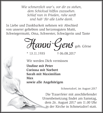 Traueranzeige von Hanni Gens von Märkische Oderzeitung