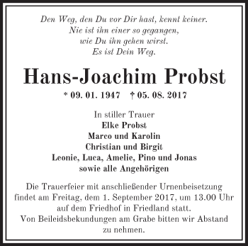 Traueranzeige von Hans-Joachim Probst von Märkische Oderzeitung