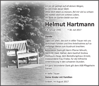 Traueranzeige von Helmut Hartmann von Märkische Oderzeitung