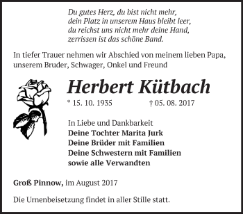 Traueranzeige von Herbert Kütbach von Märkische Oderzeitung