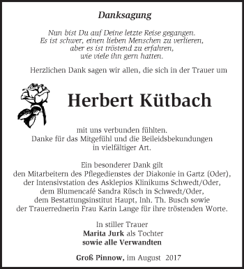 Traueranzeige von Herbert Kütbach von Märkische Oderzeitung