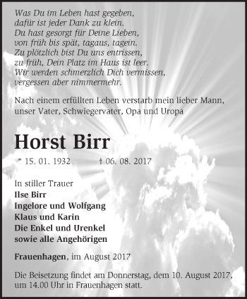 Traueranzeige von Horst Birr von Märkische Oderzeitung